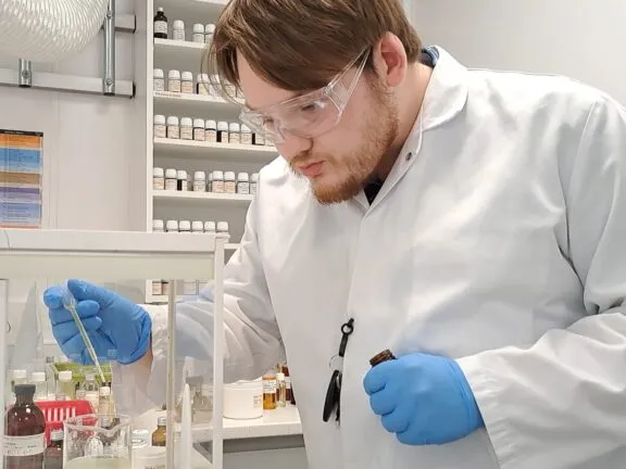 Kieren Spouge Flavourist working in the lab